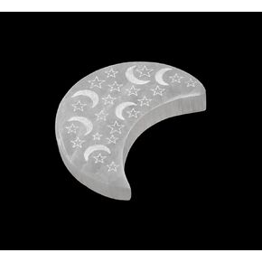 Selenite Moon Plate with Stars Engraving – Positive Grid Crystal Charging Plate Board, shungite Crystals Plates for Stones Stone, Cleansing & Healing Engraved Chakra Small Altar Station