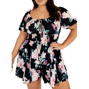 Eytino Women Plus Size Short Jumpsuits Square Neck Puff Sleeve Smocked Hight Waist Boho Floral Printed Summer Rompers(1X-5X)
