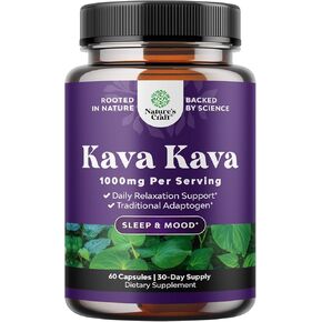 Kava Root Mood Support Supplement - 1000mg Kava Kava Capsules Fast Acting Mood Boost and Relaxing Supplement - Calming Kava Extract Vegan Adaptogen Supplement for Stress Focus & Sleep (60 Caps)