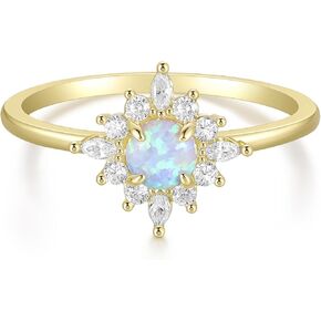 Mameloly 14K Gold Plated Created Opal Rings Round Cut Dainty Halo CZ Wedding Band Thin Stackable Cubic Zirconia Promise Engagement Ring for Women Size 4-10