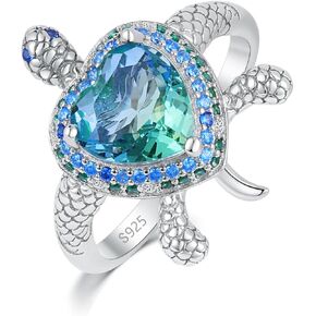 Sea Turtle Animal Ring-925 Sterling Silver Heart Cube Zircon Gradient Tourmaline Promise Ring for Women/Wife/her,Anniversary,Birthday Gifts