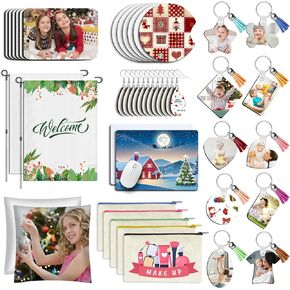 122Pcs Sublimation Blanks Products Set Including Blank Fridge Magnet, Coaster, Keychain Earring Mouse Pad Pillow Cover Blank for Custom Sublimation Transfer Heat Craft