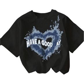 OYOANGLE Girl's Heart Print Crew Neck Short Sleeve T Shirt Loose Casual Tee Shirts