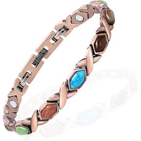 Copper Bracelet, Arthritis Bracelets, Magnetic Turquoise Copper Bracelets for Women Arthritis Carpal Tunnel Therapy, 3500 Gauss Magnetic Adjustable Length With Adjusting Tool (Colorful Stone)