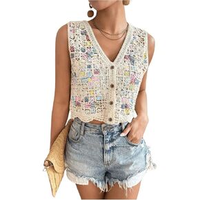 Verdusa Women's Hollow Out Crochet Button Front V Neck Sleeveless Knit Sweater Vest
