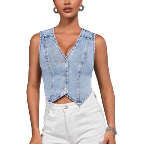Women's V Neck Asymmetrical Hem Sleeveless Button Front Crop Denim Vest