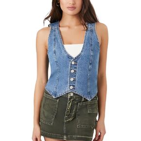 Women Y2k Denim Vest Bustier Sleeveless Deep V Neck Tie Up Front Jean Tank Crop Top Button Down Waistcoat Jacket