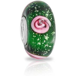 Bling Jewelry Murano Glass .925 Sterling Silver Core Floral Red and Black Green Pink Hibiscus Flower Spacer Charm Bead Fits European Bracelet For Women Teen in Kuwait