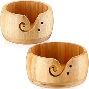 Wenqik 2 Pieces Wooden Yarn Bowl 5.9'' x 3'' and 6.7'' x 3'' Knitting Yarn Bowl with Holes Yarn Holder Yarn Basket Crocheting Accessories Kit Organizer for DIY Handmade Craft Mother Christmas Gift