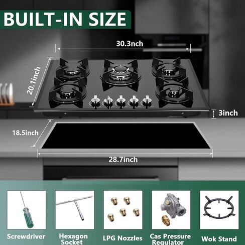 Gas Cooktop 30 Inch, 5 High Efficiency Burners Gas Stovetop Stainless Steel Built-in Gas Stove Top Propane/Natural Gas Convertible Gas Hob in Saudi Arabia