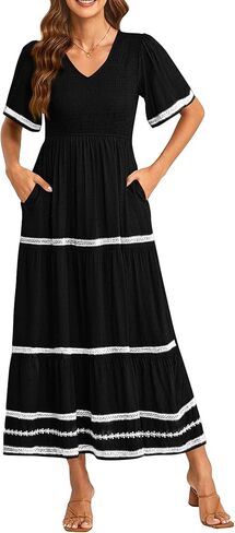 PRETTYGARDEN Women's Casual Summer Maxi Dress Short Sleeve Swiss Dot V Neck Smocked Long Flowy Beach Dresses in Saudi Arabia
