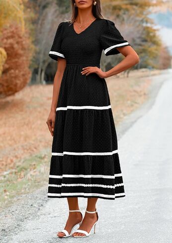 PRETTYGARDEN Women's Casual Summer Maxi Dress Short Sleeve Swiss Dot V Neck Smocked Long Flowy Beach Dresses in Saudi Arabia
