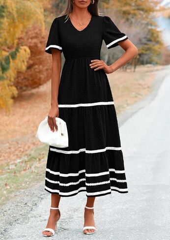 PRETTYGARDEN Women's Casual Summer Maxi Dress Short Sleeve Swiss Dot V Neck Smocked Long Flowy Beach Dresses in Saudi Arabia