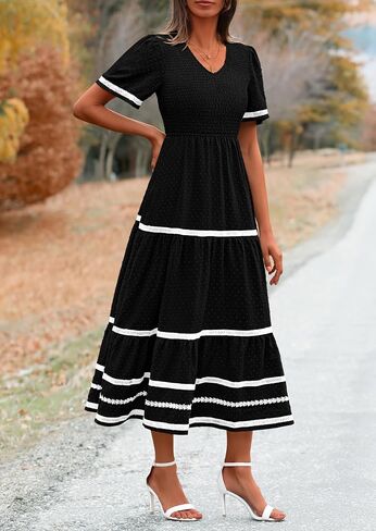 PRETTYGARDEN Women's Casual Summer Maxi Dress Short Sleeve Swiss Dot V Neck Smocked Long Flowy Beach Dresses in Saudi Arabia