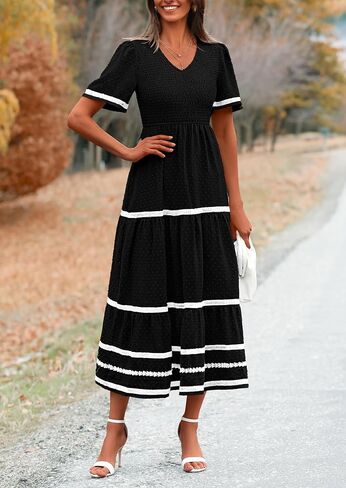 PRETTYGARDEN Women's Casual Summer Maxi Dress Short Sleeve Swiss Dot V Neck Smocked Long Flowy Beach Dresses in Saudi Arabia