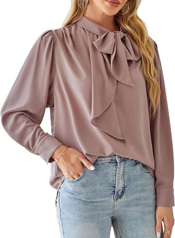 GRACE KARIN Women's Top Mock Neck Tie Ruffle Solid Blouse Long Sleeve Shirts Casual Loose Work Office Top in Saudi Arabia