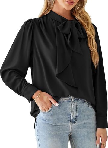 GRACE KARIN Women's Top Mock Neck Tie Ruffle Solid Blouse Long Sleeve Shirts Casual Loose Work Office Top in Saudi Arabia