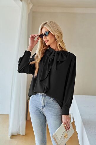 GRACE KARIN Women's Top Mock Neck Tie Ruffle Solid Blouse Long Sleeve Shirts Casual Loose Work Office Top in Saudi Arabia