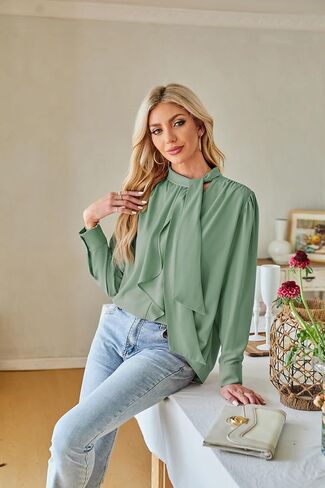 GRACE KARIN المرأة الأعلى وهمية رابطة عنق كشكش الصلبة بلوزة طويلة الأكمام قمصان عادية فضفاض العمل مكتب أعلى in Saudi Arabia