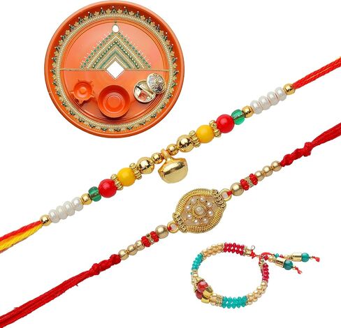Rakhi Thali Plate Platter with Bhai Bhabhi Rakhi for Brother Bhabhi Puja Pooja Thali with Set of 3 Bracelet Rakhi Dora Moli Rakhi set Festival Raksha Bandhan Gift Set Aarti Pooja Rituals (Size- 10") in Kuwait