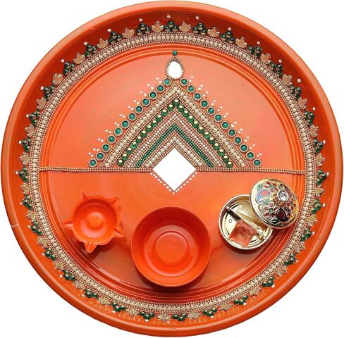 Rakhi Thali Plate Platter with Bhai Bhabhi Rakhi for Brother Bhabhi Puja Pooja Thali with Set of 3 Bracelet Rakhi Dora Moli Rakhi set Festival Raksha Bandhan Gift Set Aarti Pooja Rituals (Size- 10") in Kuwait