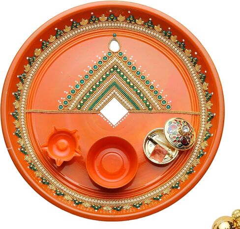 Rakhi Thali Plate Platter with Bhai Bhabhi Rakhi for Brother Bhabhi Puja Pooja Thali with Set of 3 Bracelet Rakhi Dora Moli Rakhi set Festival Raksha Bandhan Gift Set Aarti Pooja Rituals (Size- 10") in Kuwait