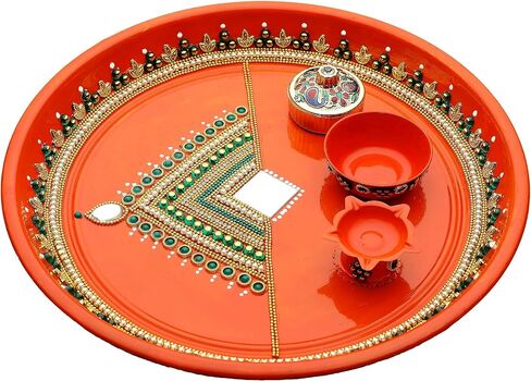 Rakhi Thali Plate Platter with Bhai Bhabhi Rakhi for Brother Bhabhi Puja Pooja Thali with Set of 3 Bracelet Rakhi Dora Moli Rakhi set Festival Raksha Bandhan Gift Set Aarti Pooja Rituals (Size- 10") in Kuwait