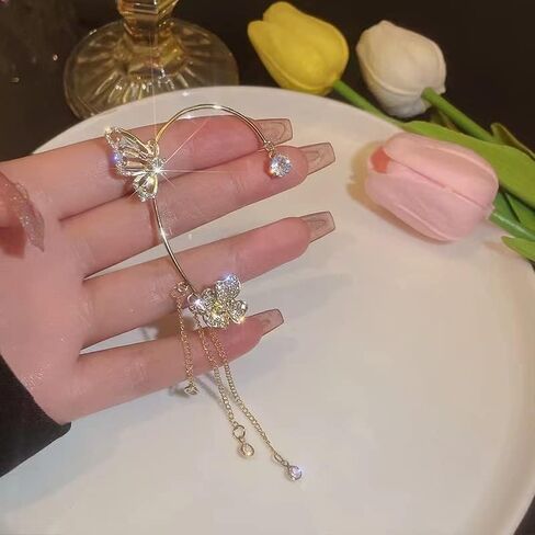 2PCS فراشة شرابة الأقراط متسلق التفاف حول الأقراط فراشة زهرة سلسلة طويلة شرابة فراشة الأذن الأصفاد كليب على الغضروف لا ثقب فراشة زهرة أقراط مجوهرات هدايا in Kuwait