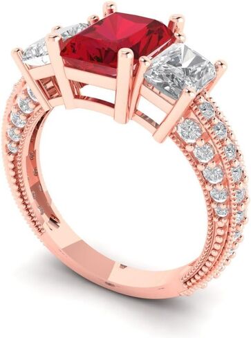 Clara Pucci 3.61 ct Emerald Cut Created Ruby 14k Yellow Gold Solitaire with Accents Three-Stone Wedding Engagement Bridal Promise Ring in Saudi Arabia
