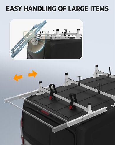 حامل سقف للشاحنة مصنوع من الفولاذ عالي التحمل مقاس 45 بوصة، رف سلم للشاحنة مع أسطوانة شحن خلفية مناسبة لـ 2015-On RAM ProMaster City، أبيض، 3 قضبان، 750 رطلًا in Kuwait