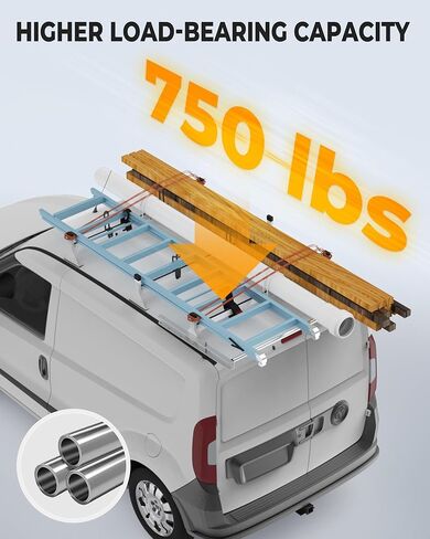 حامل سقف للشاحنة مصنوع من الفولاذ عالي التحمل مقاس 45 بوصة، رف سلم للشاحنة مع أسطوانة شحن خلفية مناسبة لـ 2015-On RAM ProMaster City، أبيض، 3 قضبان، 750 رطلًا in Kuwait