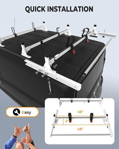 حامل سقف للشاحنة مصنوع من الفولاذ عالي التحمل مقاس 45 بوصة، رف سلم للشاحنة مع أسطوانة شحن خلفية مناسبة لـ 2015-On RAM ProMaster City، أبيض، 3 قضبان، 750 رطلًا in Kuwait