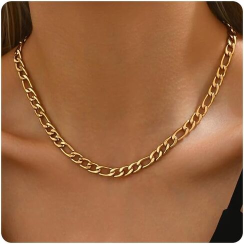 18K Gold Plated Chunky Chain Necklace for Women Thick Cuban Curb Chain Green Gemstone Pendant Toggle Necklace Dainty Layering Gold Chain Trendy Jewelry in Saudi Arabia