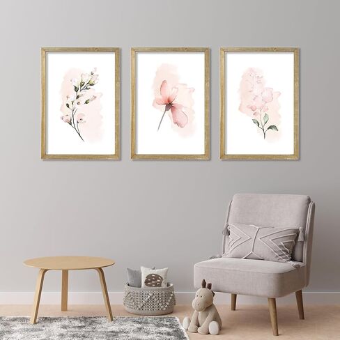 Set Of 3 Botanical Floral Wall Decor Art 16"X11" Rustic Pink Flowers Abstract Watercolour Wooden Framed Sign Bedroom Above Bed Modren Home Living Room Minimalist Aesthetic Wall Hang (Wood) in Saudi Arabia