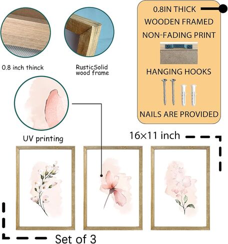 Set Of 3 Botanical Floral Wall Decor Art 16"X11" Rustic Pink Flowers Abstract Watercolour Wooden Framed Sign Bedroom Above Bed Modren Home Living Room Minimalist Aesthetic Wall Hang (Wood) in Saudi Arabia