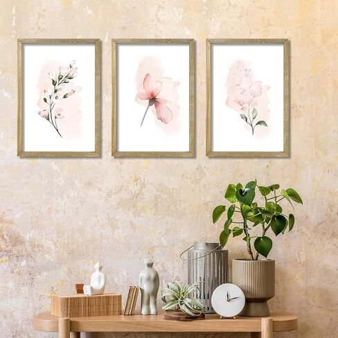 Set Of 3 Botanical Floral Wall Decor Art 16"X11" Rustic Pink Flowers Abstract Watercolour Wooden Framed Sign Bedroom Above Bed Modren Home Living Room Minimalist Aesthetic Wall Hang (Wood) in Saudi Arabia