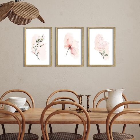 Set Of 3 Botanical Floral Wall Decor Art 16"X11" Rustic Pink Flowers Abstract Watercolour Wooden Framed Sign Bedroom Above Bed Modren Home Living Room Minimalist Aesthetic Wall Hang (Wood) in Saudi Arabia