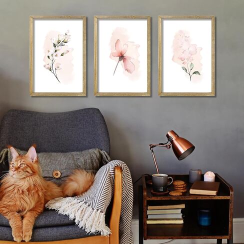 Set Of 3 Botanical Floral Wall Decor Art 16"X11" Rustic Pink Flowers Abstract Watercolour Wooden Framed Sign Bedroom Above Bed Modren Home Living Room Minimalist Aesthetic Wall Hang (Wood) in Saudi Arabia
