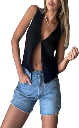 Women Vest Tops Sleeveless V Neck Button Up Knit Top in Saudi Arabia