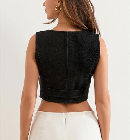 Women Y2k Denim Vest Bustier Sleeveless Deep V Neck Tie Up Front Jean Tank Crop Top Button Down Waistcoat Jacket in Kuwait