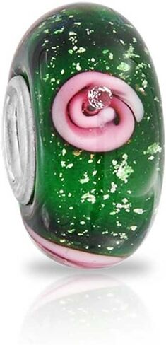 Bling Jewelry Murano Glass .925 Sterling Silver Core Floral Red and Black Green Pink Hibiscus Flower Spacer Charm Bead Fits European Bracelet For Women Teen in Saudi Arabia