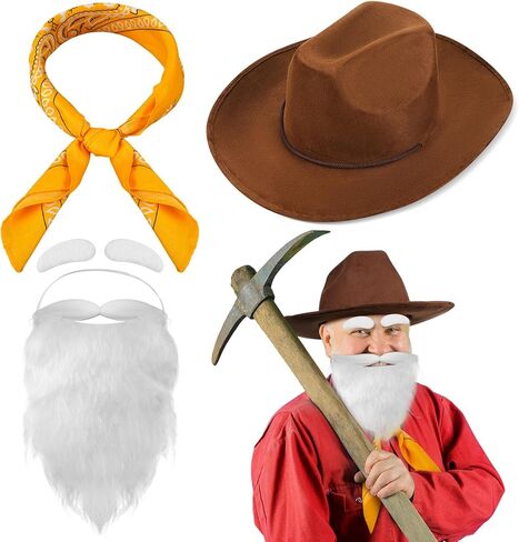 4 Pcs Halloween Prospector Costume Accessories Include Cowboy Costume Hat Paisley Bandana Fake Beard and Eyebrows for Adults Halloween Cosplay Party in Saudi Arabia