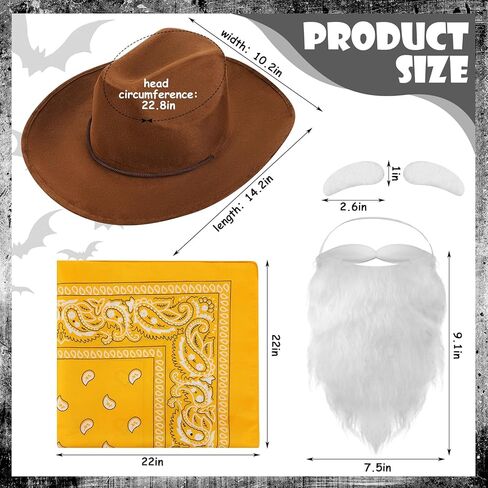 4 Pcs Halloween Prospector Costume Accessories Include Cowboy Costume Hat Paisley Bandana Fake Beard and Eyebrows for Adults Halloween Cosplay Party in Saudi Arabia