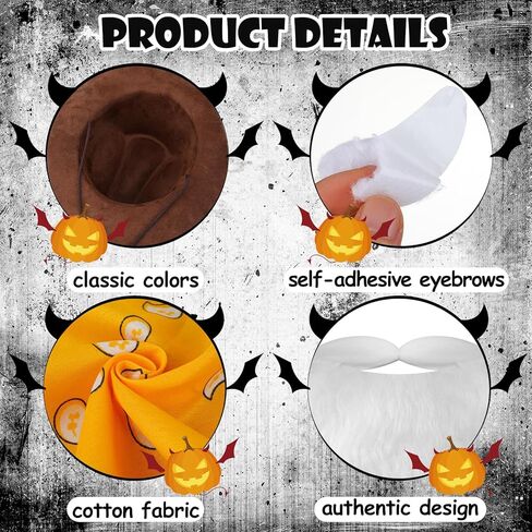 4 Pcs Halloween Prospector Costume Accessories Include Cowboy Costume Hat Paisley Bandana Fake Beard and Eyebrows for Adults Halloween Cosplay Party in Saudi Arabia