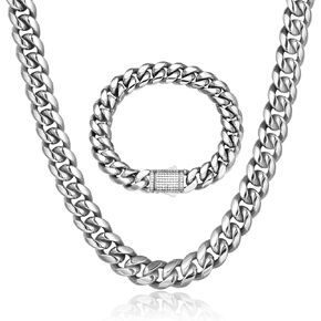 12mm Miami Cuban Link Bracelet/Chain 14K REAL Gold Plated Necklace Hypoallergenic Premium Stainless Steel Hip Hop Jewelry For Men Women Christmas Birthday Gift Double-sided Iced Out Clasp
