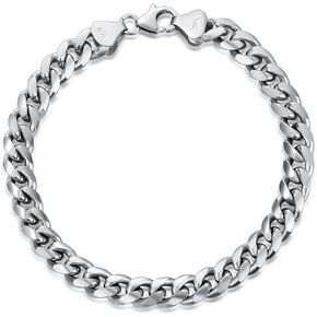 Dacc & Aya Fashion 925 Sterling Silver Flat Curb Cuban Link Chain Bracelet for Men Women Boys, 3MM, 4MM, 7MM, Solid Silver Cuban Thick Big Link Chain Bracelet with Lobster Clasp, 7-9 Inch