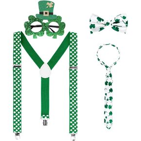 AMS St Patricks Day Suspenders Accessories Decor Women/Men' s Irish Green Party Decorations with a Bow-tie,a Tie,a Pair of Glasses (Set, Green)