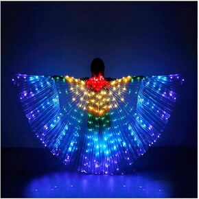 واي كيو اس دي جي اجنحة رقص شرقي باضاءة LED للبنات على شكل فراشة ملونة متوهجة مع عصي تلسكوبية وقضبان مرنة للبالغين