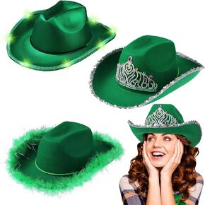 Croknit 3 Pcs St. Patrick's Day Cowgirl Hat Cowboy Hat Sparkly Space Light up Costume Accessories with Feathers Tiara Crown for Western Disco Rodeo Party Green in Saudi Arabia