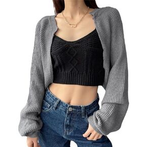 Women's Knitted Shrug Sweater Long Sleeve Open Front Crop Cardigan